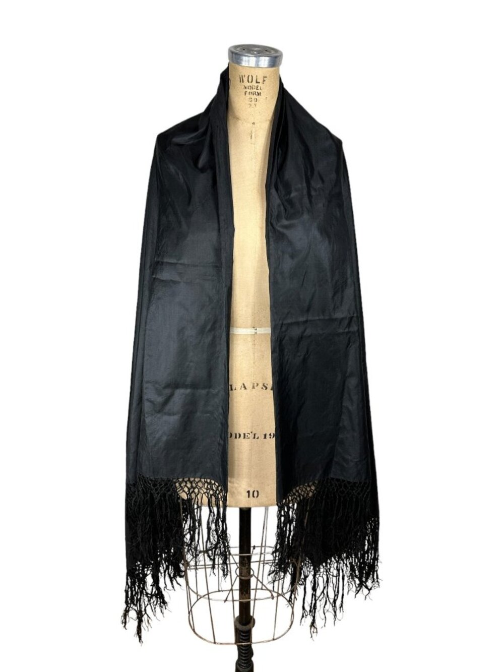 Victorian black silk shawl with fringe 68 x 68